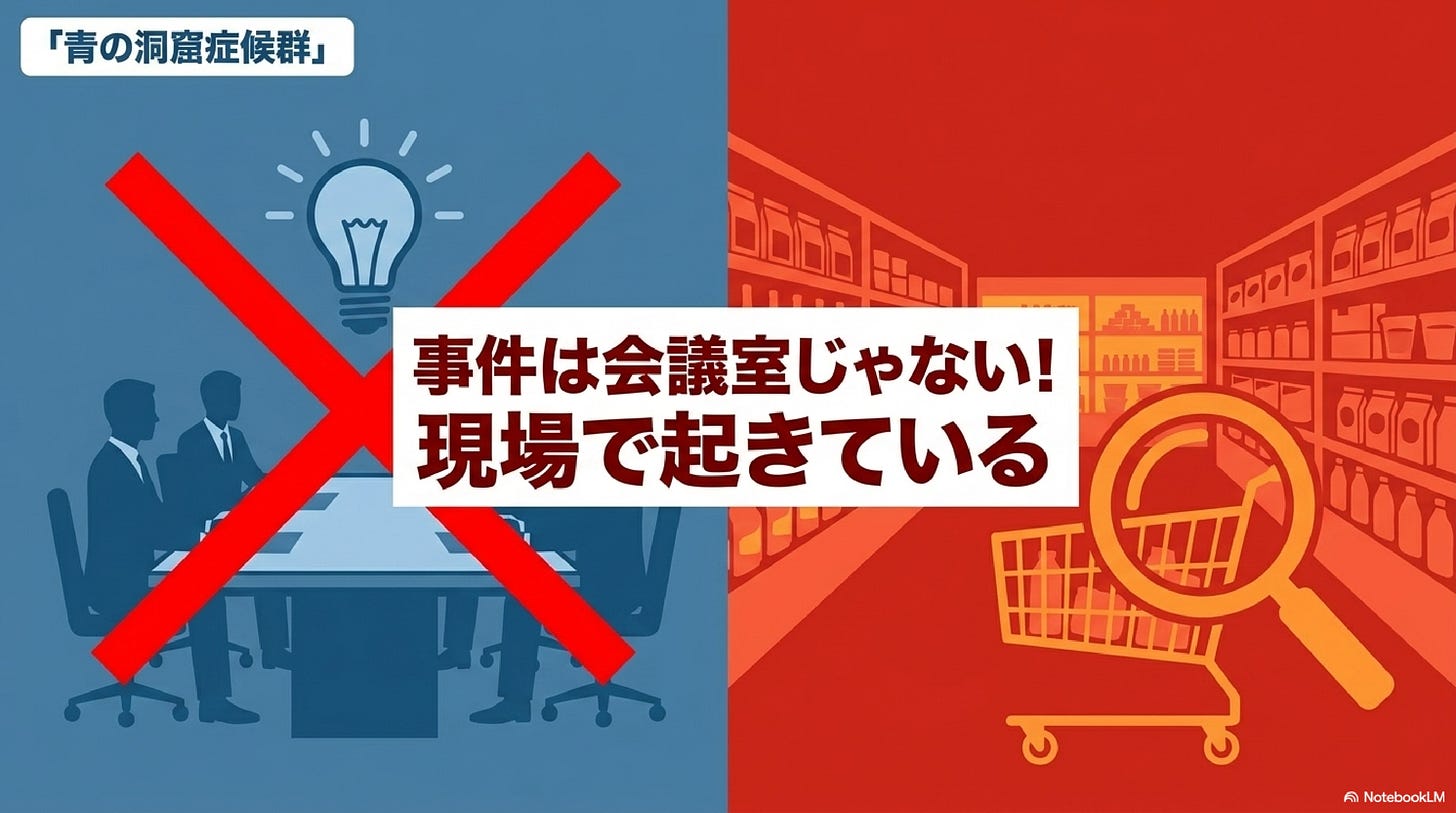 「事件は会議室じゃない!現場で起きている」を表す対比イラスト。 「事件は会議室じゃない!現場で起きている」を表す対比イラスト。
