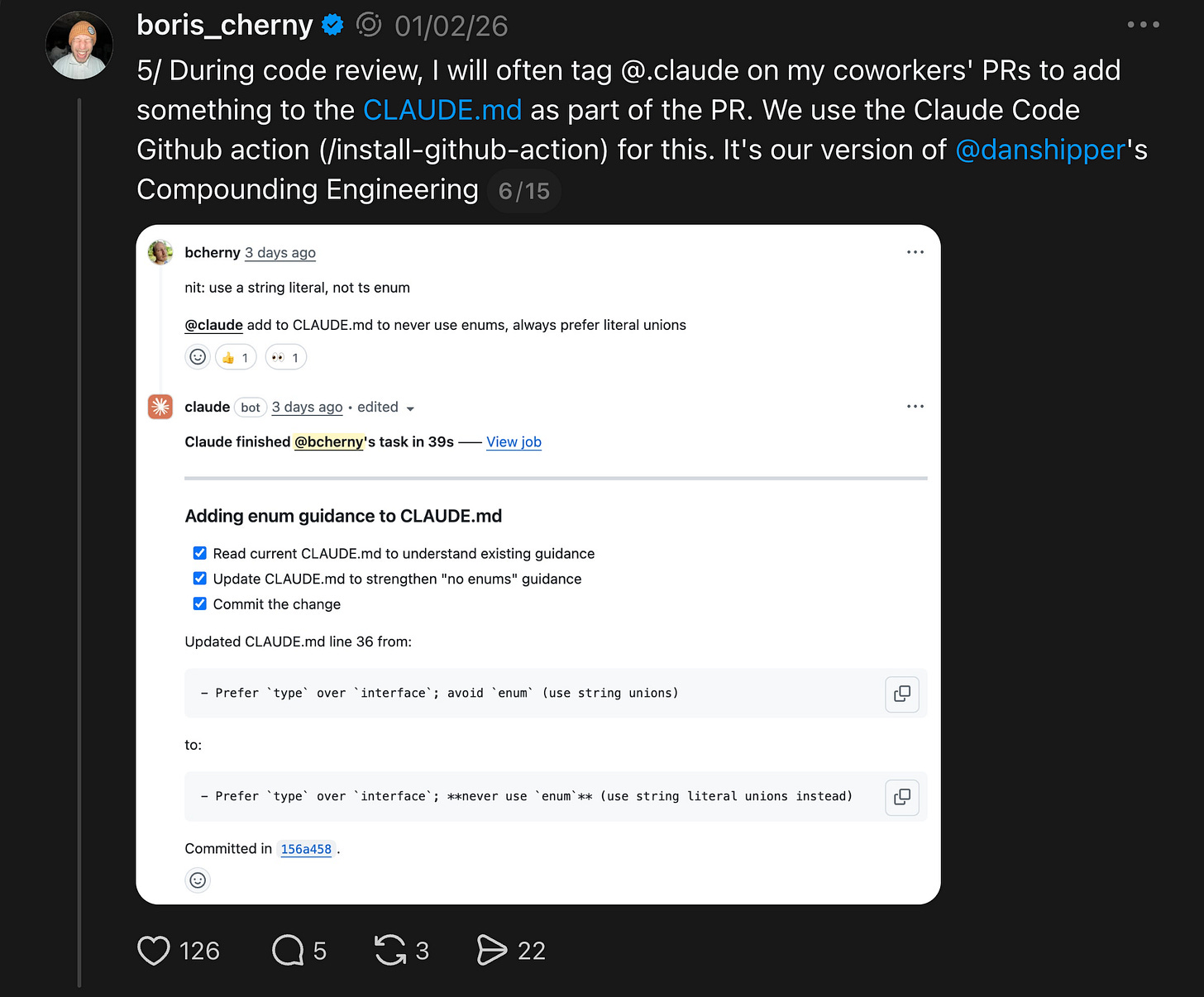 Boris tagging @claude on PRs to update CLAUDE.md