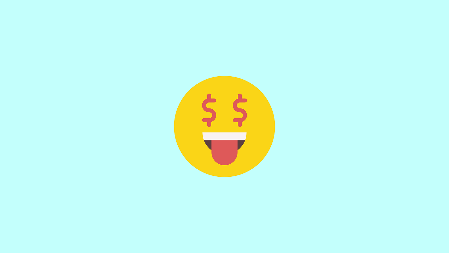Yellow emoji face with dollar signs for eyes and tongue sticking out, expressing excitement about money or wealth