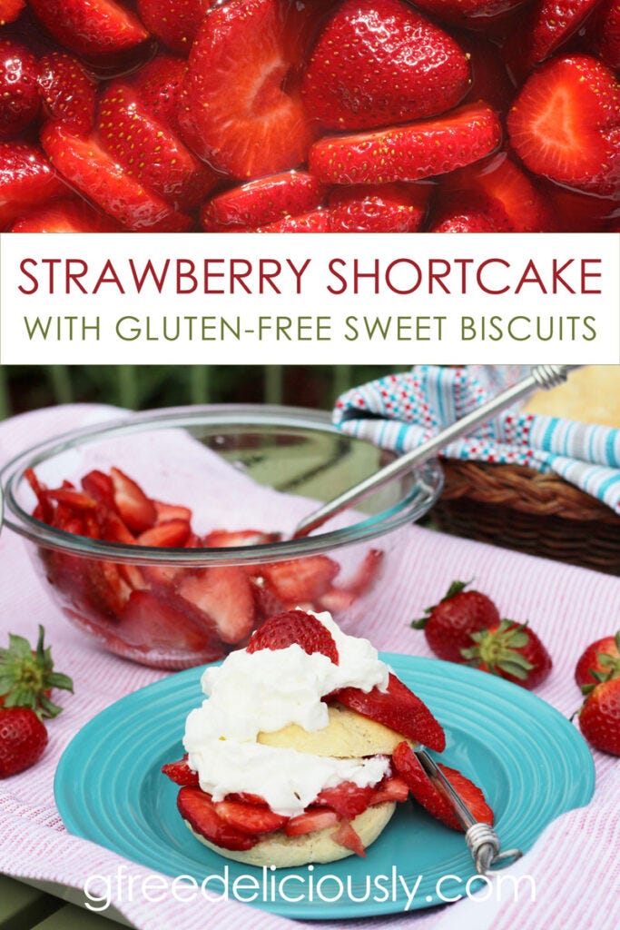 Strawberry Shortcake with Sweet Biscuits on a plate at bottom, sliced strawberries at the top