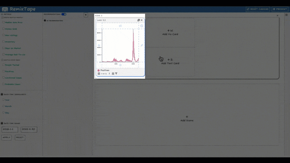 Affordances on text cards in RemixTape to coordinating highlighting with an adjacent visualization card. Affordances on text cards in RemixTape to coordinating highlighting with an adjacent visualization card.