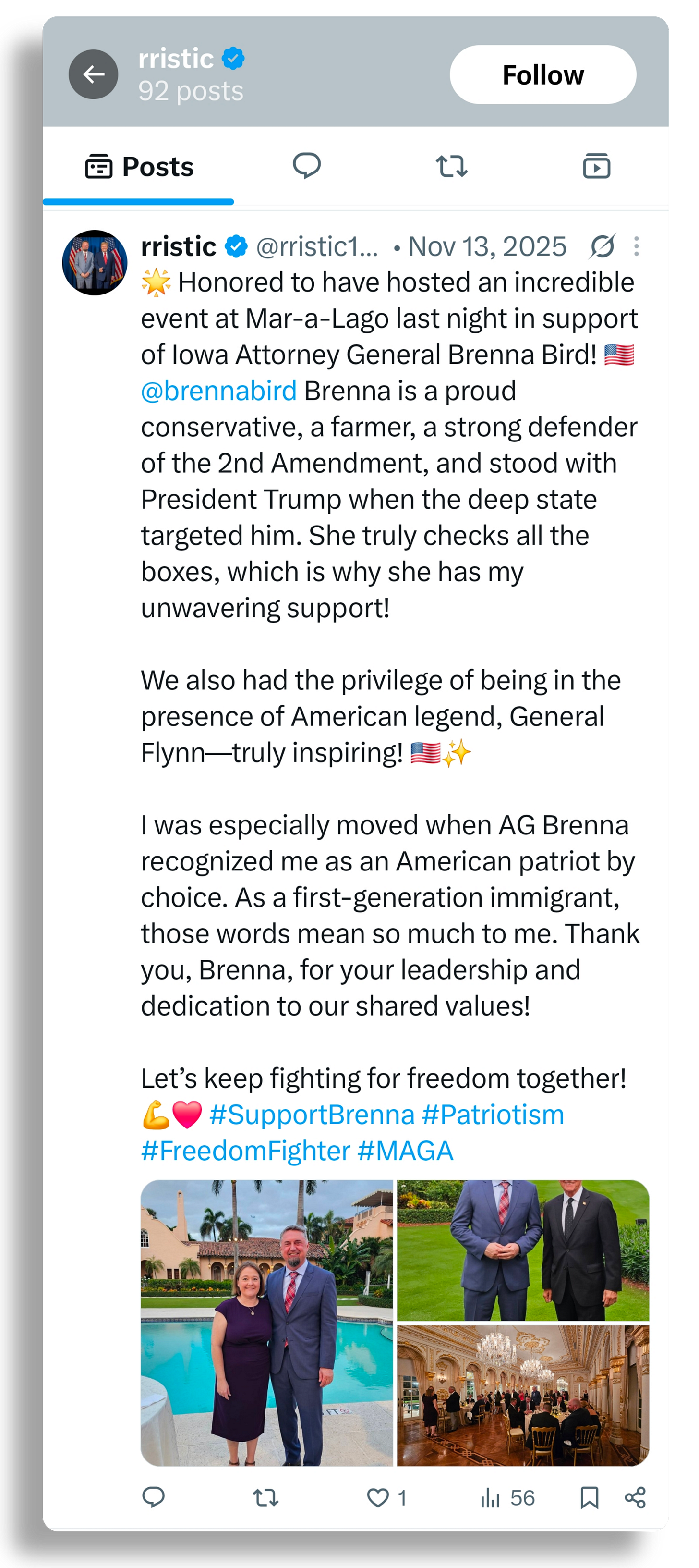 : Screenshot of a November 13, 2025 X post by a Ristic account describing a Mar-a-Lago event in support of Iowa Attorney General Brenna Bird and referencing General Michael Flynn, with photos from the club setting.