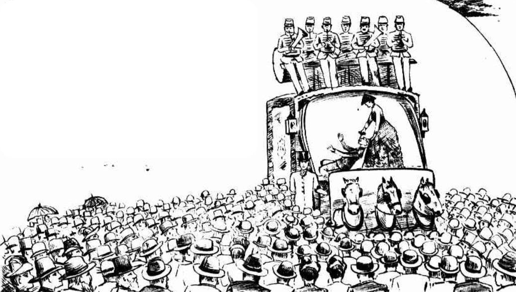 A large carriage drawn by three horses abreast is standing among a large crowd of people wearing hats. On top of the carriage are 7 musicians playing brass instruments. Inside the carriage a woman is facing the left of the image and apparently pulling a tooth from the mouth of a seated man, who is waving his arms in front of him.