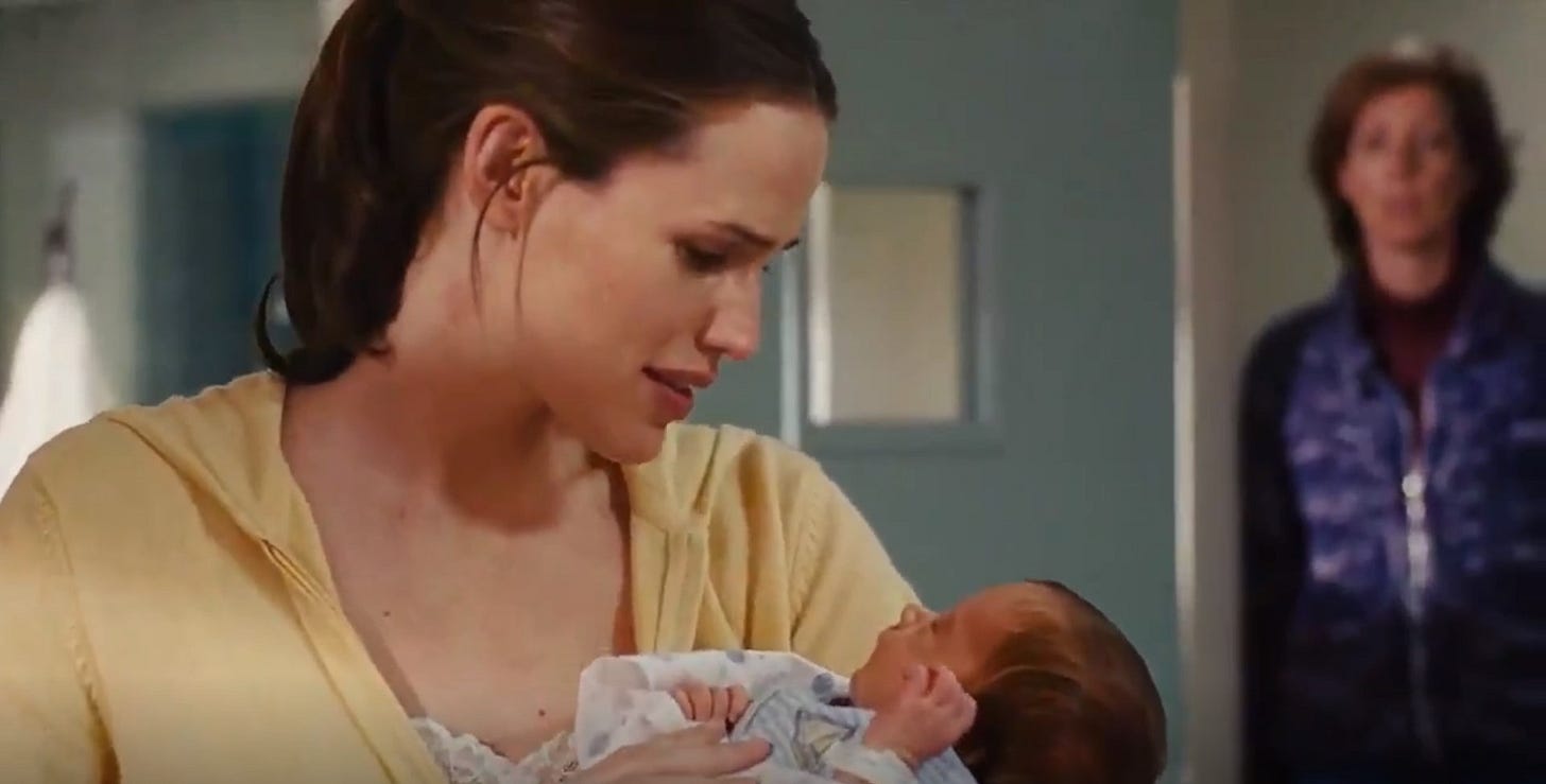 Jennifer Garner as Vanessa, holding a child in a hospital, while Allison Janney, as Bren, stands in the background