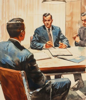 vintage watercolor illustration of a small interview room with investigators seated across from a suited man while documents are reviewed under fluorescent light vintage watercolor illustration of a small interview room with investigators seated across from a suited man while documents are reviewed under fluorescent light