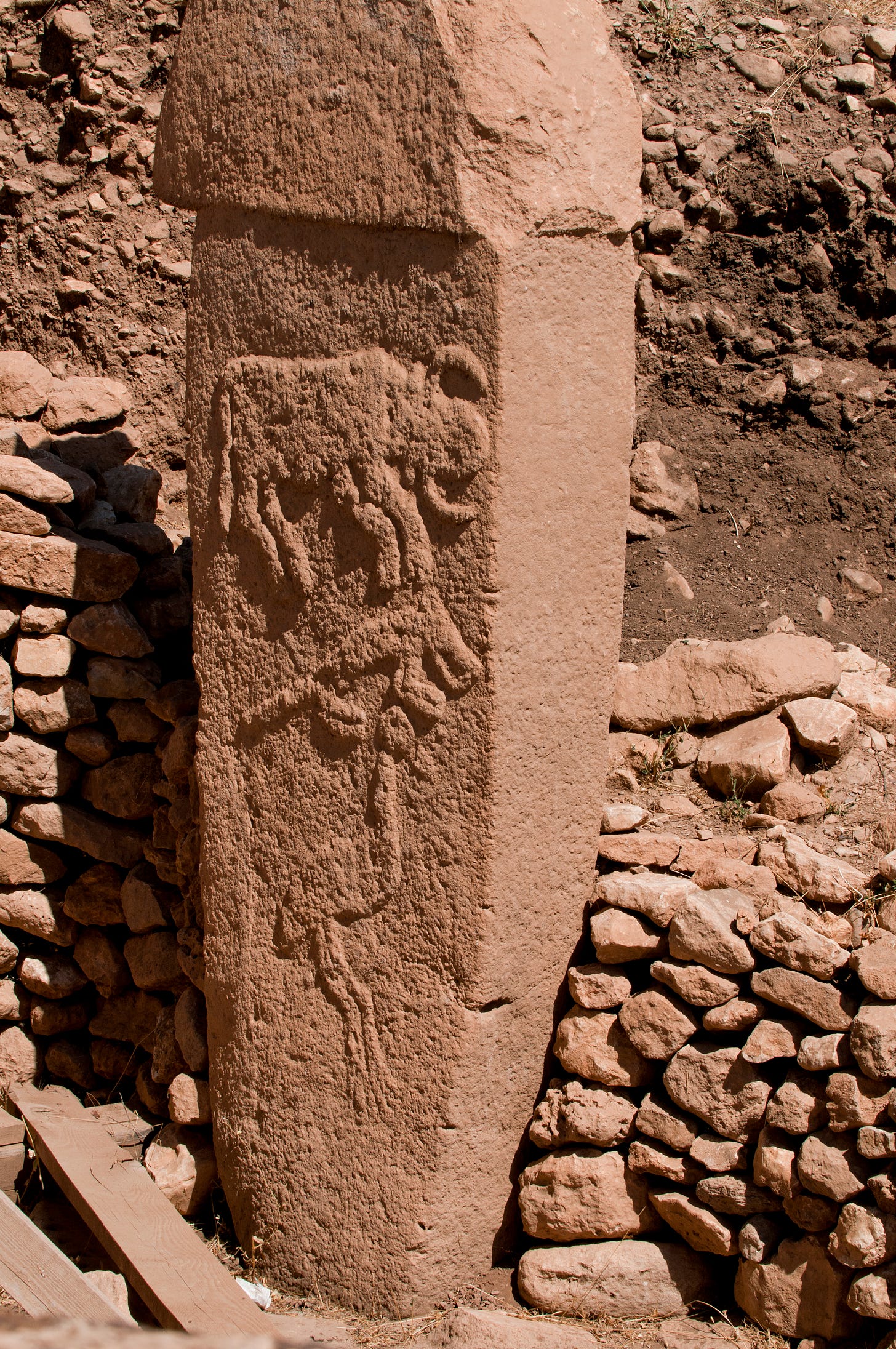 The Göbekli Tepe pillar with the bull, fox and crane reliefs.
