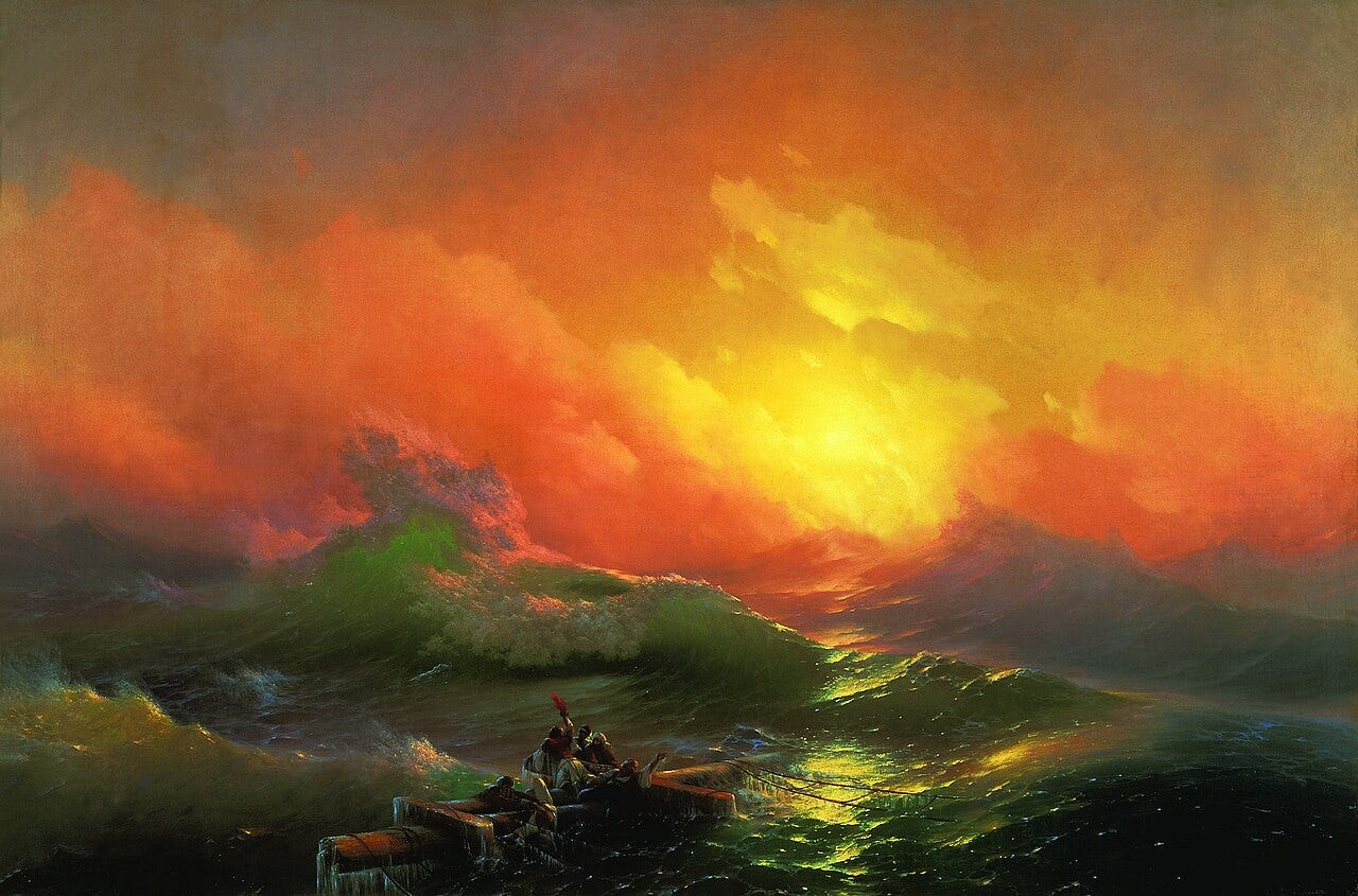 Shipwreck survivors cling to a mast at dawn as an enormous wave rises behind them Shipwreck survivors cling to a mast at dawn as an enormous wave rises behind them