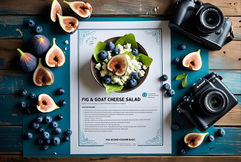 Flat lay of recipe card surrounded by food ingredients and a camera on a wood surface, representing Milo and Kate’s recipe blog setup.