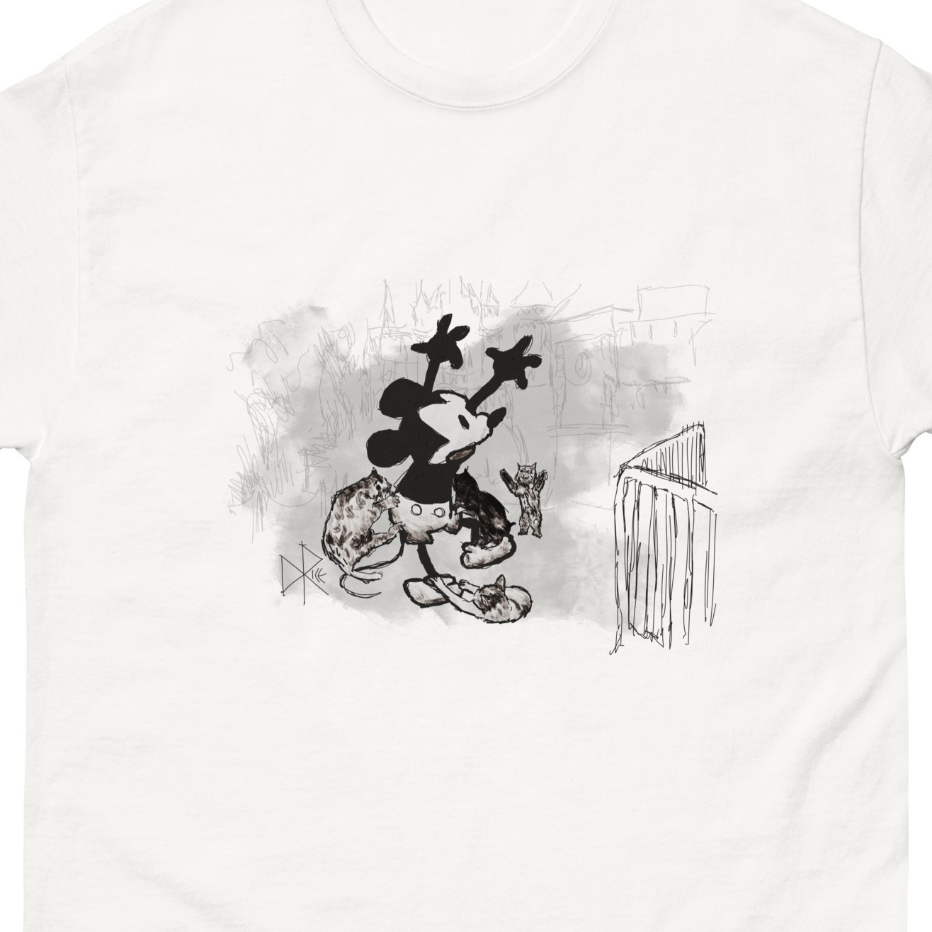 A pack of Disneyland’s feral cats pounce on Steamboat Willie, who unhappily tries to shoo them away. Sketch art by Don Rice.