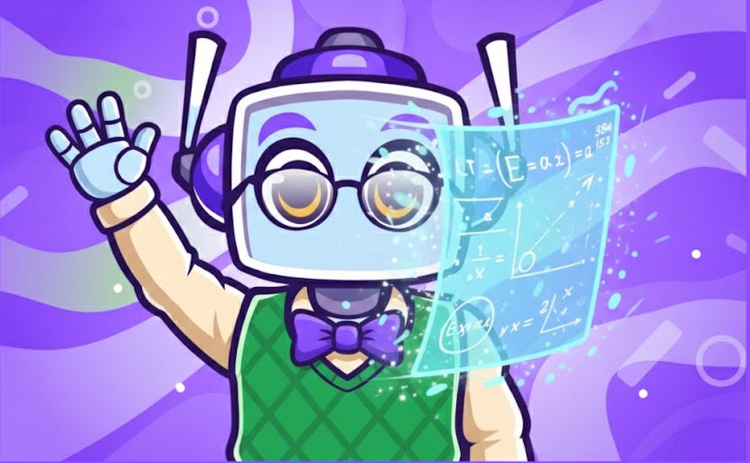 A friendly, glasses-wearing robot character named Zap waves goodbye while a transparent blue holographic display with mathematical equations and graphs fades away to its right. The background is a vibrant purple with abstract shapes in various shades of purple, blue, and white, matching Neuralbuddy's color scheme.