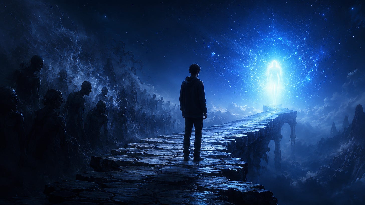 A solitary figure stands on a stone path between shadowy figures and a radiant blue light, symbolizing the choice between old fear patterns and awakening. A solitary figure stands on a stone path between shadowy figures and a radiant blue light, symbolizing the choice between old fear patterns and awakening.