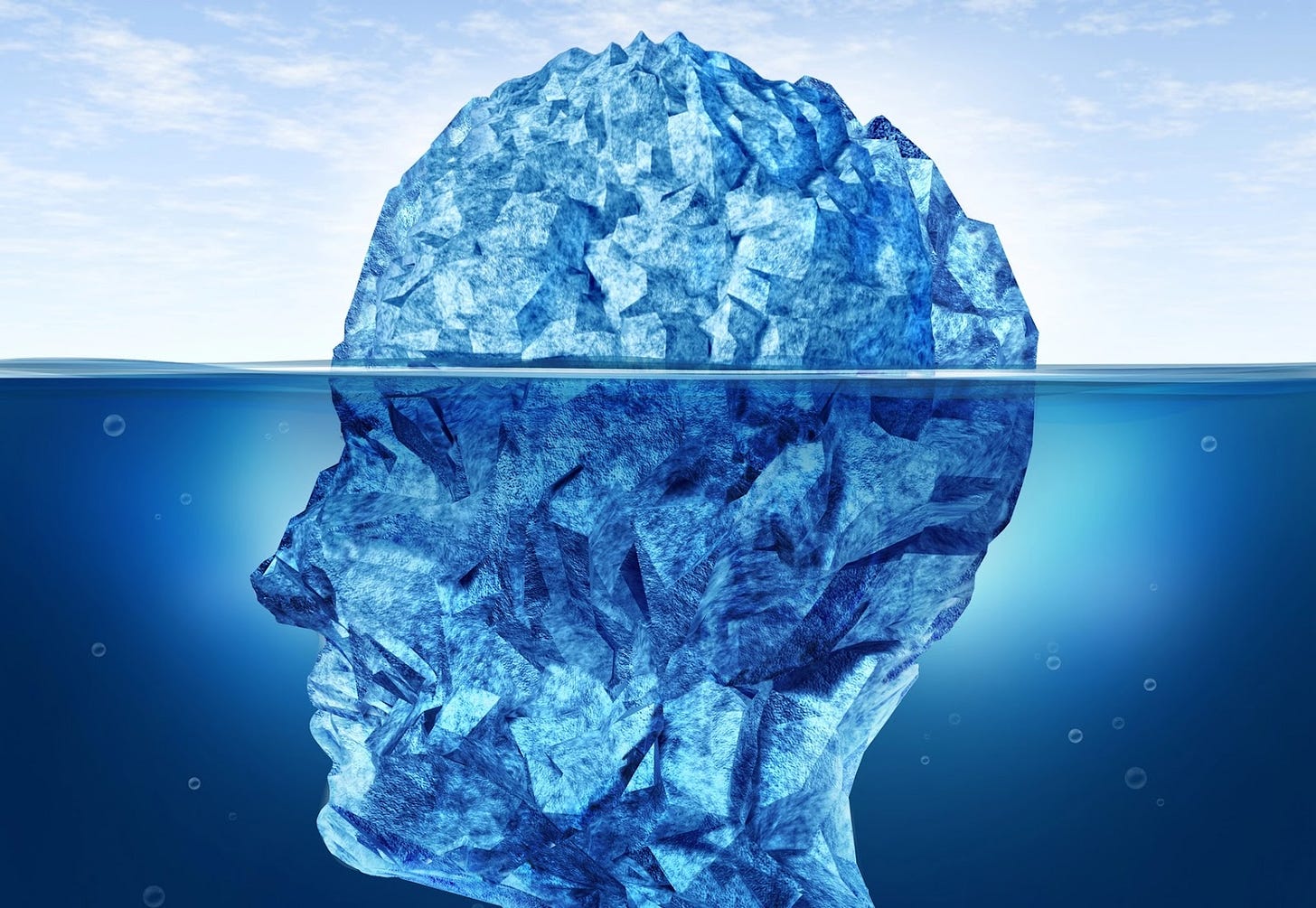 Alt text: human shaped iceberg floating in water Alt text: human shaped iceberg floating in water