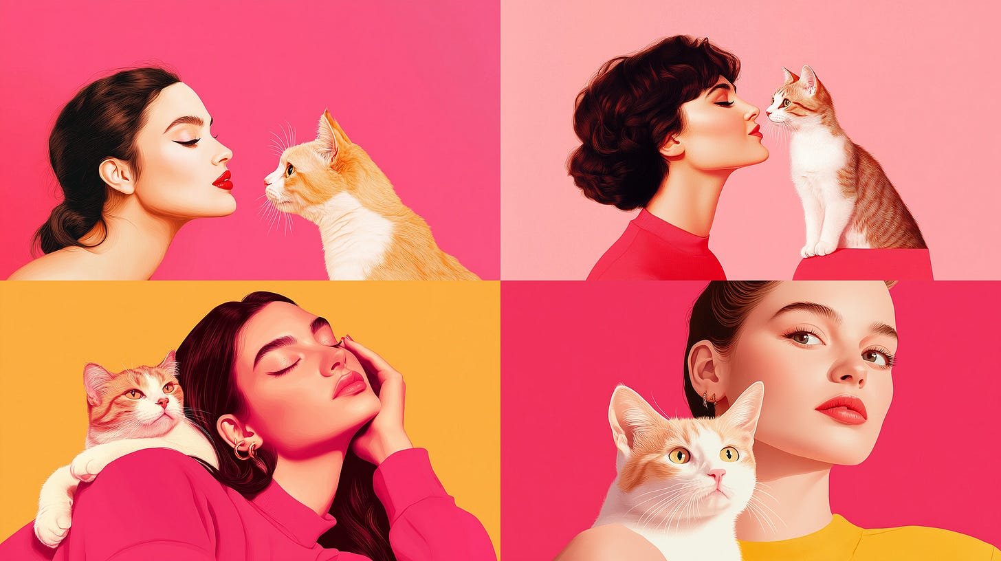 Original Sref code effect. /imagine prompt: a lady and cat portrait — sref 2246281738 — sw 100 — ar 16:9 — v 6.1 Original Sref code effect. /imagine prompt: a lady and cat portrait — sref 2246281738 — sw 100 — ar 16:9 — v 6.1