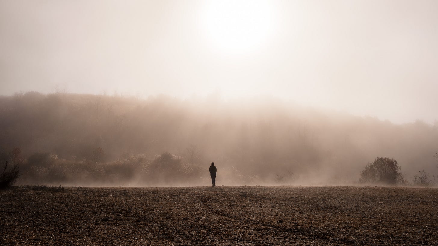 Lone man silhouetted in the distance across a field, fog, bush and a faded sun as a backdrop Lone man silhouetted in the distance across a field, fog, bush and a faded sun as a backdrop
