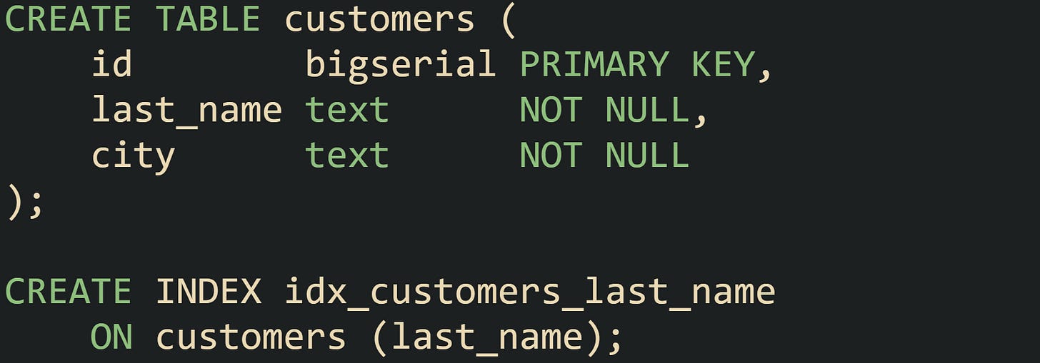 CREATE TABLE customers (     id        bigserial PRIMARY KEY,     last_name text      NOT NULL,     city      text      NOT NULL );  CREATE INDEX idx_customers_last_name     ON customers (last_name);