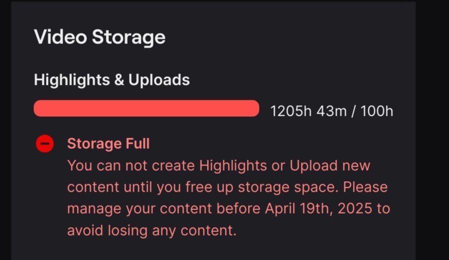 A screenshot from one speedrunner's Twitch account, showing that they currently have 1205h 43m saved in Highlights and are over the new limit of 100h. A screenshot from one speedrunner's Twitch account, showing that they currently have 1205h 43m saved in Highlights and are over the new limit of 100h.