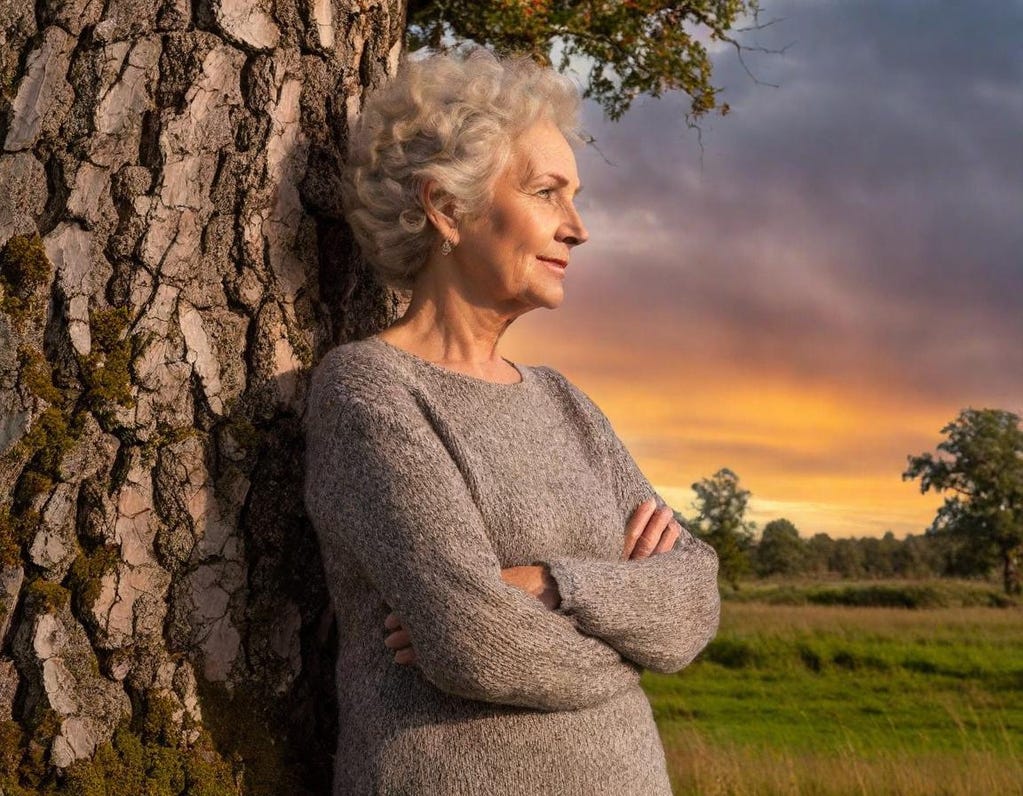 83-year-old woman, wearing a wool sweater, leans against the bark of a large oak tree viewing the colorful sunset at her left. 83-year-old woman, wearing a wool sweater, leans against the bark of a large oak tree viewing the colorful sunset at her left.
