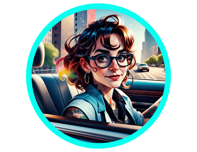 "Illustration of a stylish young woman with colorful wavy hair, wearing large round glasses and a denim jacket, sitting in the driver's seat of a car. She has visible tattoos on her arms and neck, hoop earrings, and a confident expression. The background depicts an urban cityscape with trees, buildings, and cars on the road."