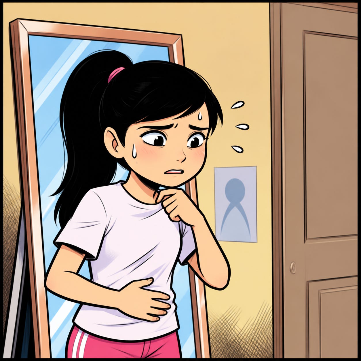 Zara looks nervous as she holds her stomach before a big presentation.