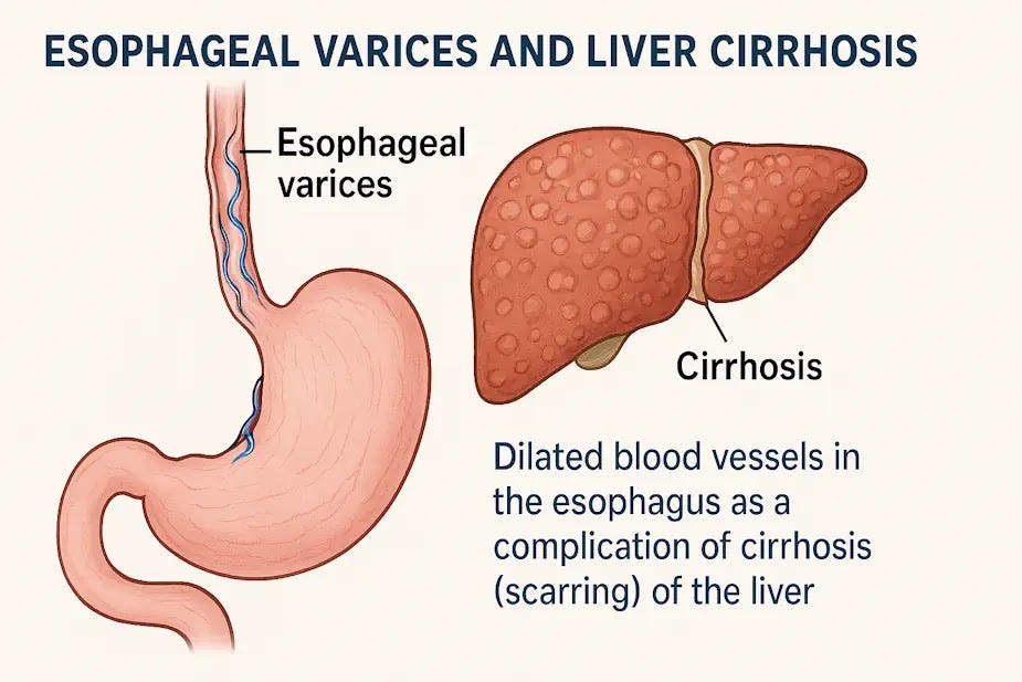Medical illustration showing a cross‑section of the esophagus with enlarged varices caused by portal hypertension, alongside a cirrhotic liver with nodular scarring. Educational 16:9 diagram explaining how liver cirrhosis leads to esophageal varices.