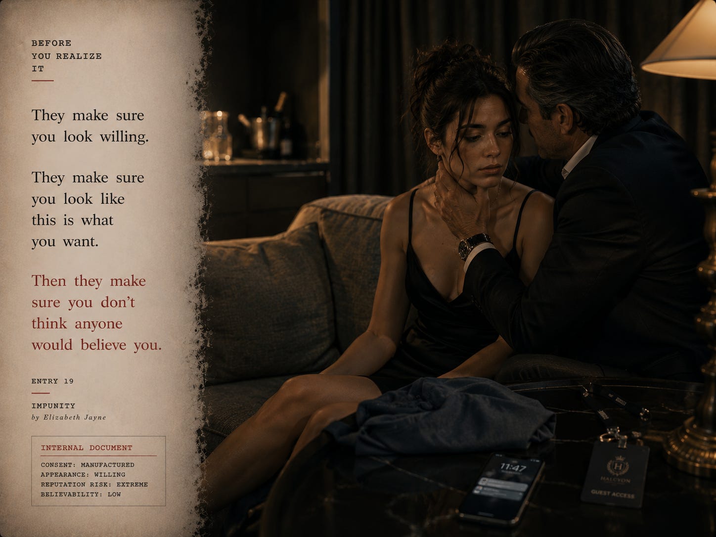 A dark editorial-style image showing a young woman in a tense intimate situation with an older man in a luxury setting, illustrating grooming, coercion, and manufactured consent. A dark editorial-style image showing a young woman in a tense intimate situation with an older man in a luxury setting, illustrating grooming, coercion, and manufactured consent.