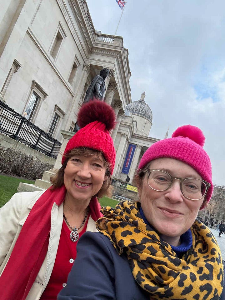 My bobble hat twin Jeanne, two views from outside the National Gallery and detail of Edwin Austin Abbey's The Hours