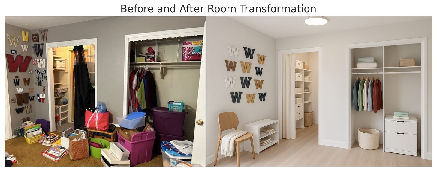 Side-by-side comparison showing a cluttered, outdated room on the left and a clean, modern virtual transformation of the same space on the right, featuring organized storage, minimal furniture, and improved lighting. Demonstrates the impact of virtual staging using ImmoMagic.