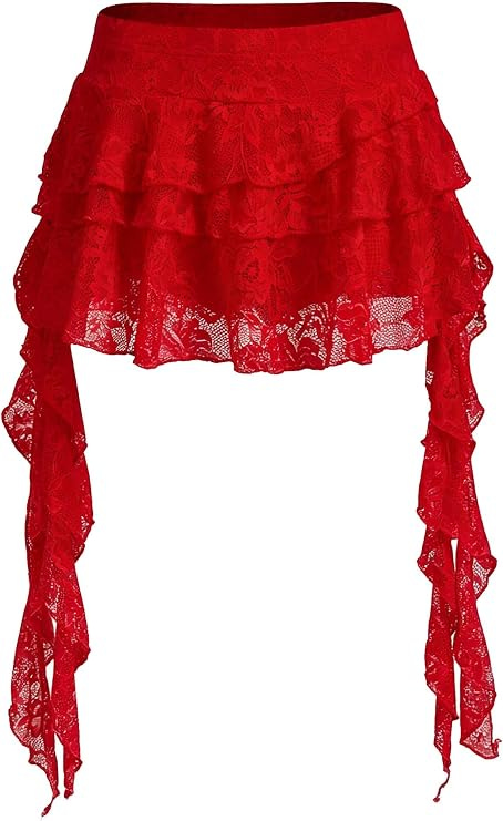 Women's Y2K Mini Skirt Ruffle Lace Mesh Asymmetrical Flowy Short Skort | Bulit-in shorts, layered pleated, low rise, gothic/western style, for rave party/country concert