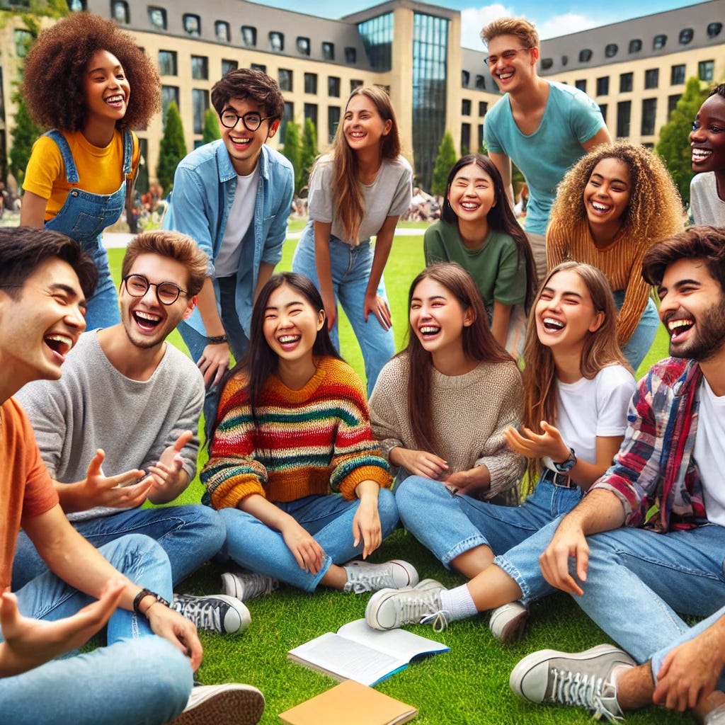 A group of multicultural university students happily interacting on a vibrant college campus. The students are of diverse ethnic backgrounds, including Asian, African, Middle Eastern, European, and Latin American. They are laughing, talking, and engaging with one another in a friendly and lively way. Some are sitting on the grass in a circle having a discussion, others are standing and smiling. The background includes a modern university building, trees, and open green space. The mood is joyful, inclusive, and academic. Everyone is dressed in casual student attire.