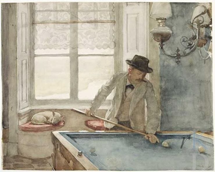 'Biljartkamer Ewijckshoeve met Piet Meiners als biljarter' 1896 - Aquarel: Willem Bastiaan Tholen (herkomst: RKD) 'Biljartkamer Ewijckshoeve met Piet Meiners als biljarter' 1896 - Aquarel: Willem Bastiaan Tholen (herkomst: RKD)