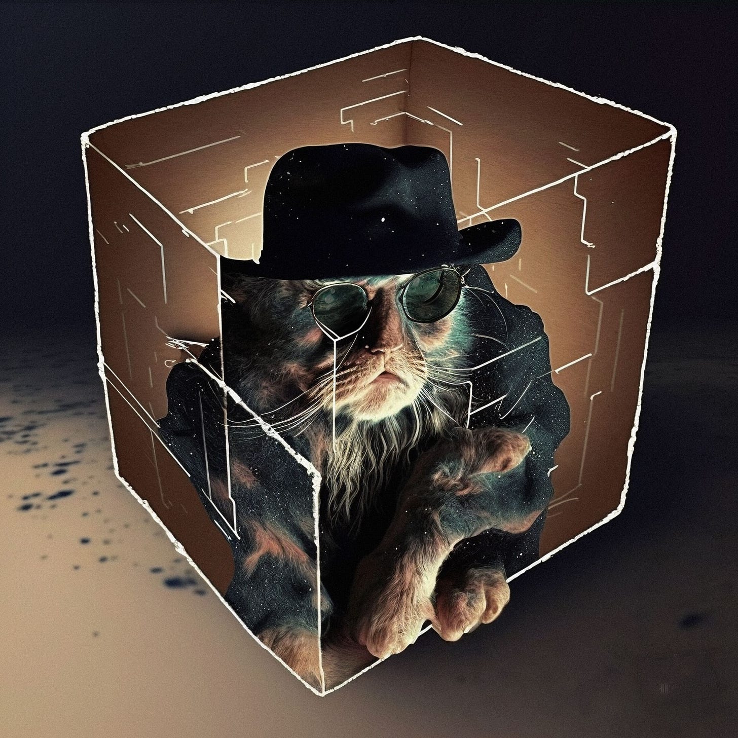 "Schrödinger's Autist." Original digital illustration. Fantasy photo of a cat in a fedora hat & black sunglasses. Paws crossed, sitting inside an imaginary, transparent box. Looks strangely like Johnny Profane Au as the cat inside Schrödinger's box. "Schrödinger's Autist." Original digital illustration. Fantasy photo of a cat in a fedora hat & black sunglasses. Paws crossed, sitting inside an imaginary, transparent box. Looks strangely like Johnny Profane Au as the cat inside Schrödinger's box.