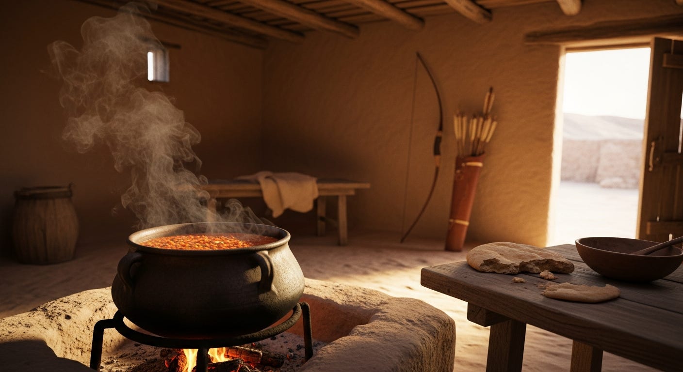 Ancient clay pot of red lentil stew on a stone hearth, hunter's bow leaning against a mud-brick wall in soft focus, documentary photojournalism evoking Esau's trade and the cost of a spiritual birthright