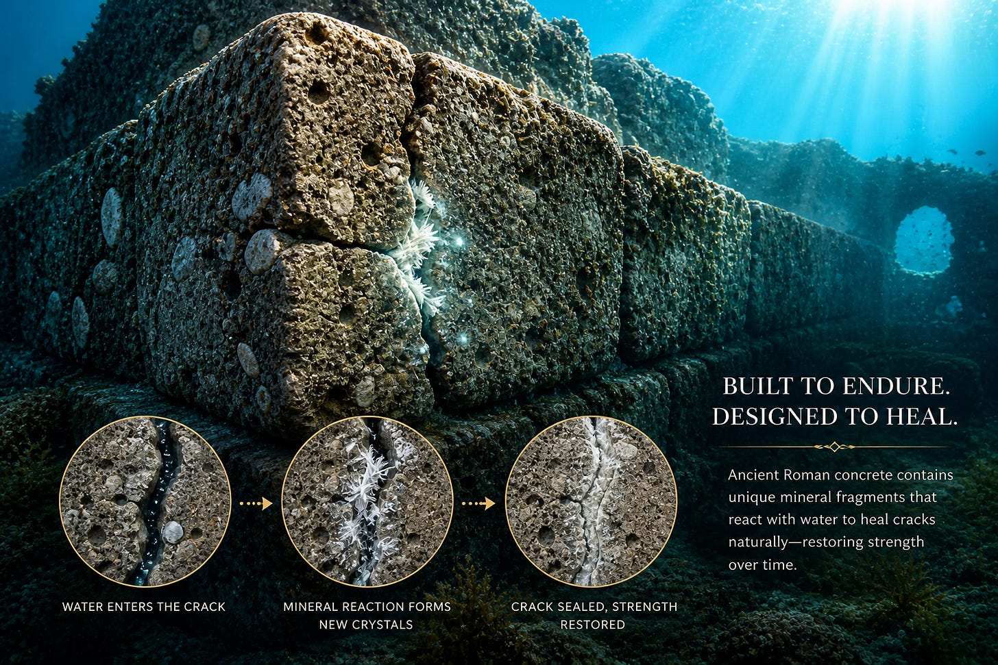 Ancient Roman concrete rests beneath the sea, quietly demonstrating its remarkable ability to heal and strengthen itself over time, a timeless fusion of nature, science, and resilience.