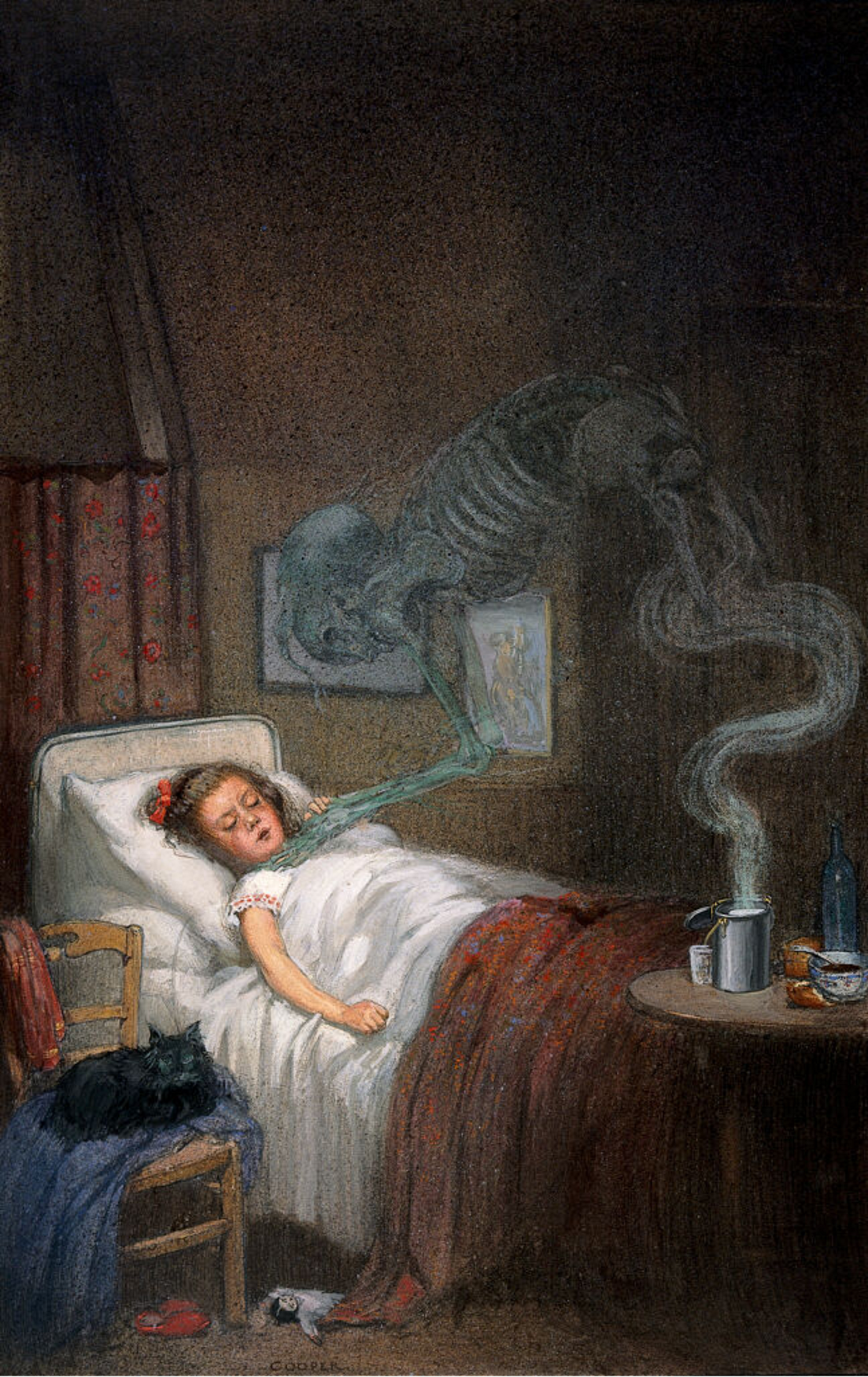 The strangling angel taking a child with diphtheria. Richard Tennant Cooper via the Wellcome Collection. CC BY 4.0 The strangling angel taking a child with diphtheria. Richard Tennant Cooper via the Wellcome Collection. CC BY 4.0
