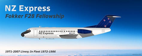A selection of aircraft types that were formerly operated as part of the NZ Express fleet and/or its predecessor carriers: (1) Ford Trimotor, (2) Douglas DC-3, (3) Fokker F27 Friendship, (4) Hawker Siddeley HS 748, (5) British Aerospace BAe 146, (6) Fokker F28 Fellowship, (7) McDonnell Douglas DC-9-10, (8) de Havilland DHC-3 Otter, and (9) Pilatus PC-12 - all seen in side view in their respective liveries while in midflight.