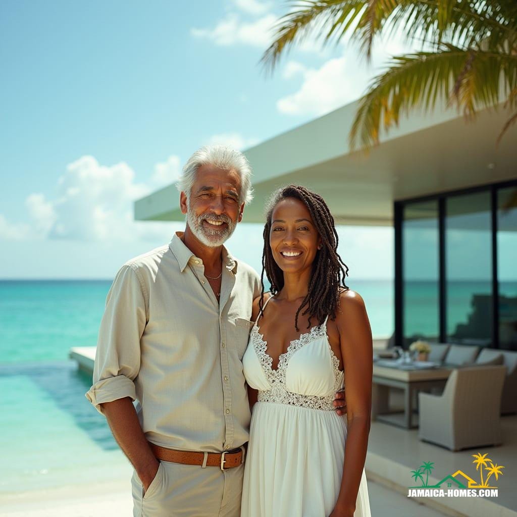 A stately elderly couple, radiating refinement and poise, stands proudly before their sleek, modern beachfront villa, The Pinnacle of Life, in Montego Bay. The distinguished gentleman, with warm, sun-kissed skin and sharp, angular features, exudes an air of wisdom and life experience. His elegant attire, perfectly suited to the tropical setting, complements the refined beauty of the woman beside him. She, a stunning mixed-race beauty with porcelain-like skin and luscious, slightly graying dreadlocks cascading over her shoulders, embodies confidence and poise. Together, they command the frame, set against a breathtaking backdrop of turquoise ocean, swaying palm trees, and sophisticated villa architecture. Influenced by the cinematic styles of Roger Deakins, Emmanuel Lubezki, and Hoyte van Hoytema, this image features rich, cinematic lighting, subtle film grain, and a vignette, evoking the warmth and depth of 35mm film. Color graded to perfection, with a blend of natural and golden tones, this live-action still is a masterpiece of atmospheric, epic storytelling.