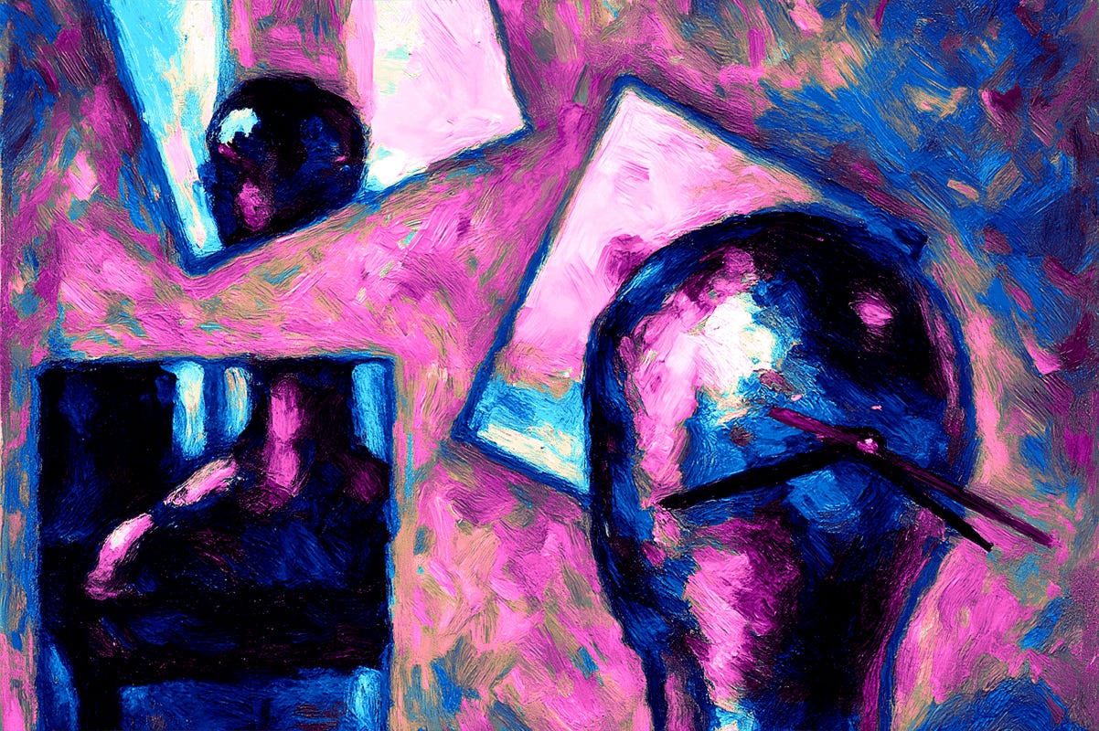 The back of a humanoid figure's head with clock arms at its center. The back of a humanoid figure's head with clock arms at its center.