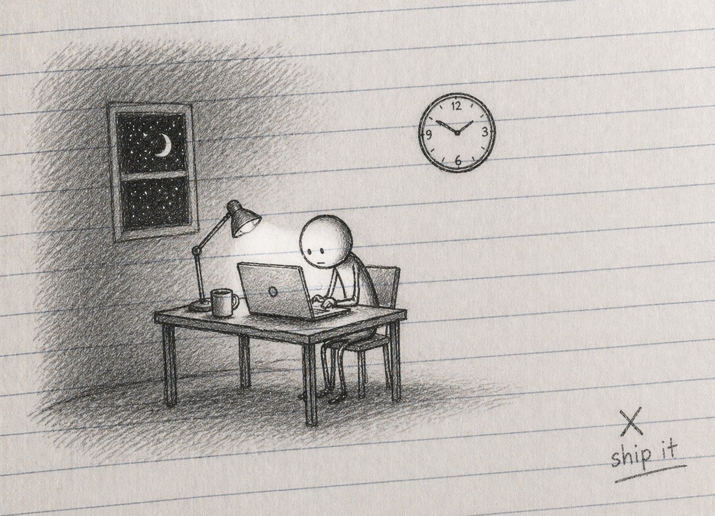 Black-and-white pencil sketch on lined notebook paper showing a stick figure sitting upright at a desk, focused on a laptop at night. A wall clock reads 1:50 AM, a small window shows a crescent moon, and soft shading darkens the left side of the room. In the bottom right corner, a small handwritten “X” with the words “ship it.”