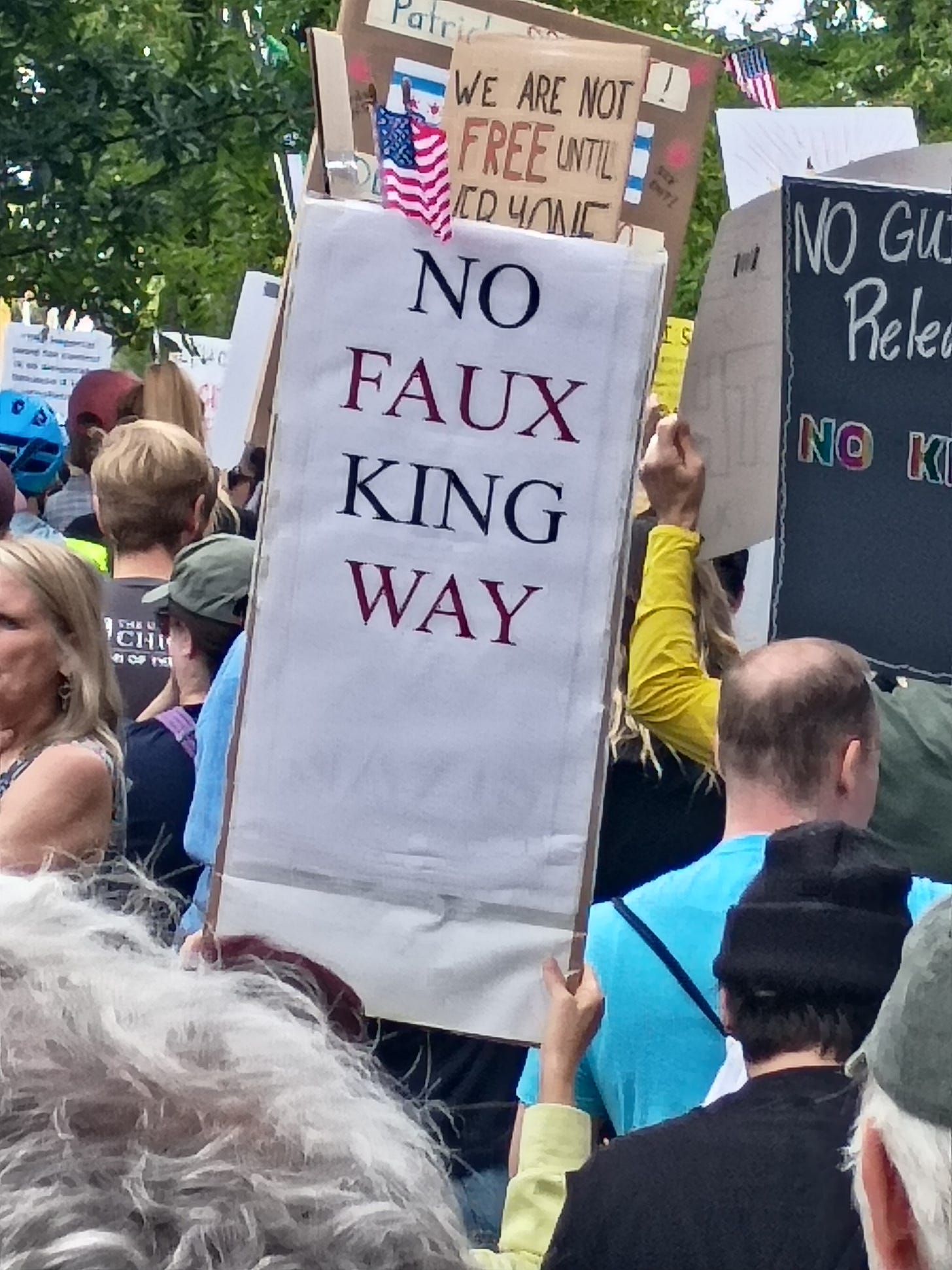 Protest sign reading “No Faux King Way"