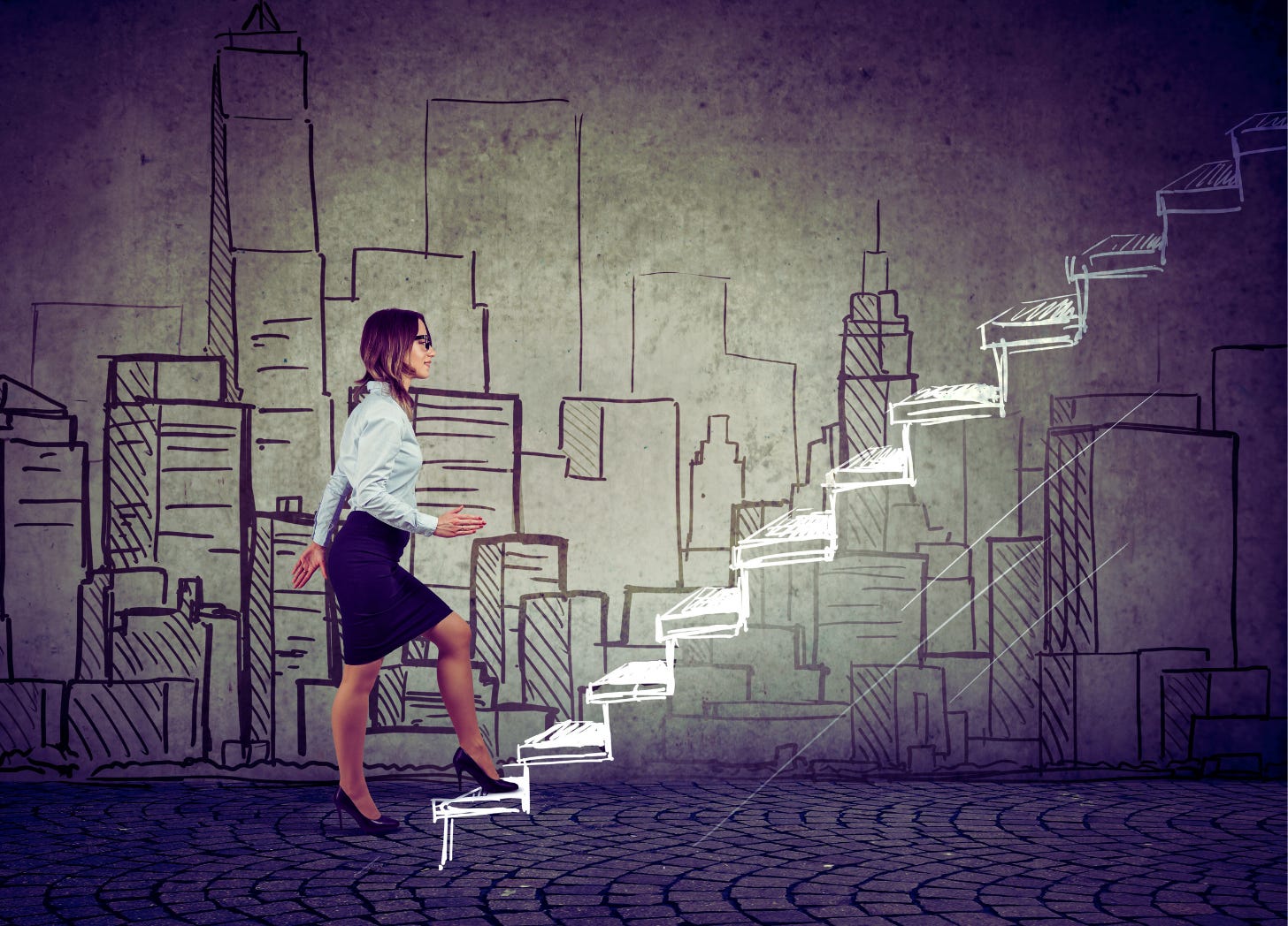 a person in a business suit is walking up a set of stairs