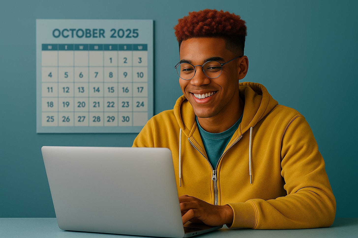 A young Black man with red hair and glasses wears a yellow zip-up hoodie and smiles while looking at his laptop. A wall calendar behind him shows October 2025. A young Black man with red hair and glasses wears a yellow zip-up hoodie and smiles while looking at his laptop. A wall calendar behind him shows October 2025.