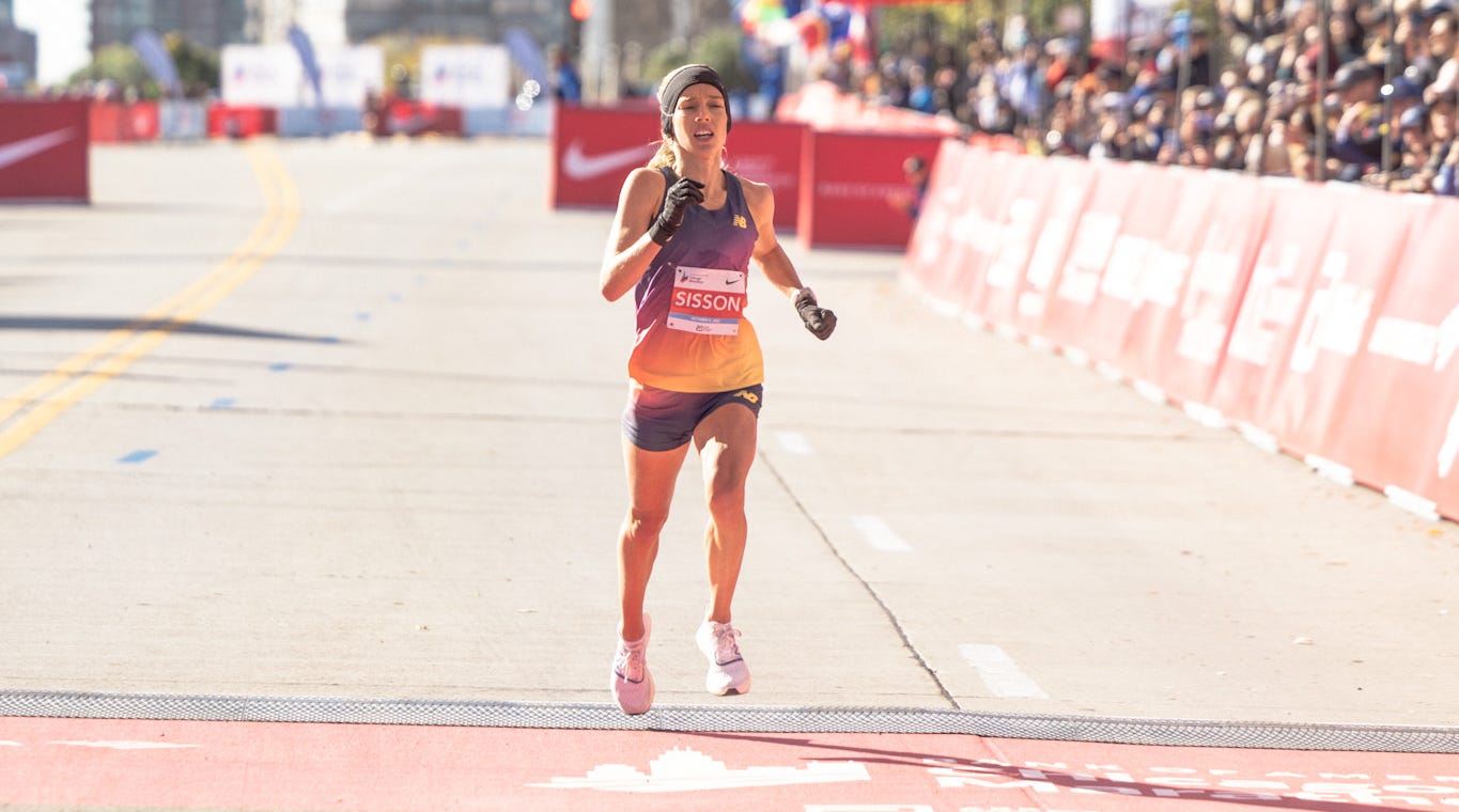 Emily Sisson breaks the women's marathon American record with a 2:18:29 runner-up finish at the Chicago Marathon. Emily Sisson breaks the women's marathon American record with a 2:18:29 runner-up finish at the Chicago Marathon.