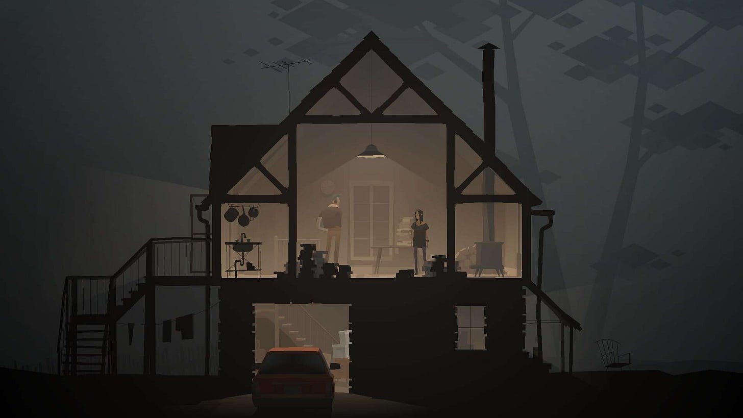 A screenshot from Kentucky Route Zero depicting two of the main characters in a dark dingy room