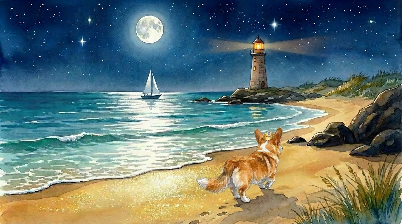 Prince Freddie walks toward the red-capped lighthouse under moonlight — a scene from a cozy bedtime story set on the Spanish coast.