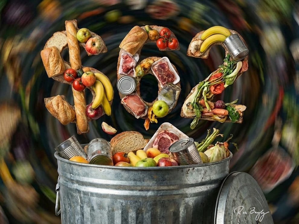 "$62" made out of food like bread, tomatoes, meat is on its way into a trash can.