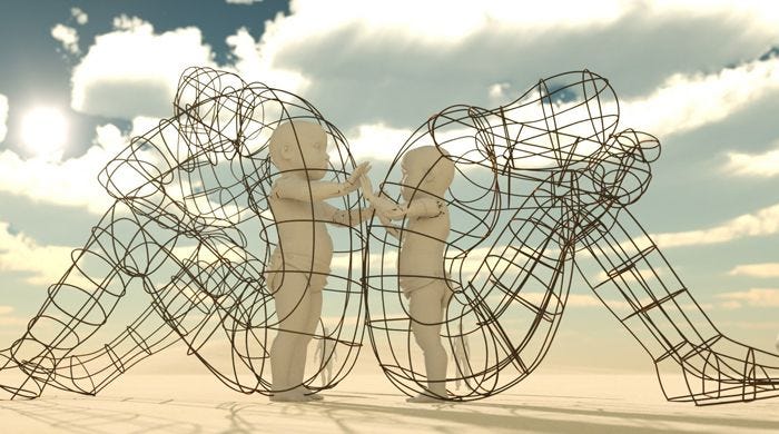 A surreal sculpture depicts two adult wireframe figures sitting back-to-back. Inside each figure is a smaller child reaching out to touch the hands of the other, symbolizing inner child connection and emotional barriers. The sky is cloudy with sunlight breaking through. A surreal sculpture depicts two adult wireframe figures sitting back-to-back. Inside each figure is a smaller child reaching out to touch the hands of the other, symbolizing inner child connection and emotional barriers. The sky is cloudy with sunlight breaking through.