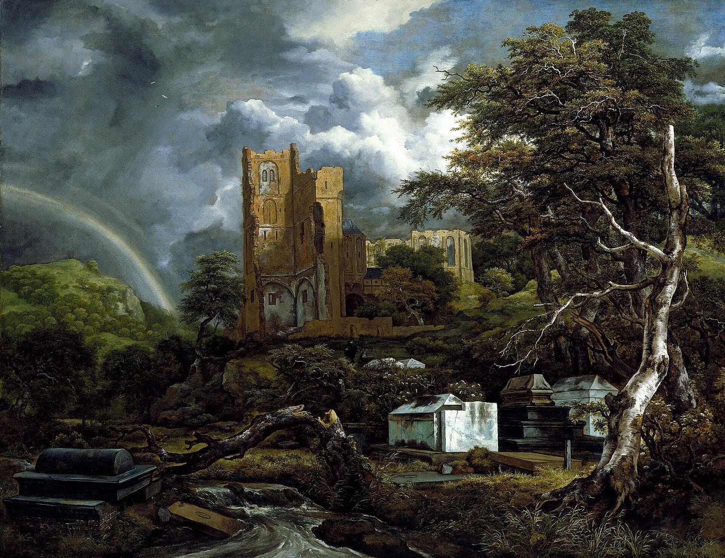 Pale marble tombs lie in a dark wooded hollow beside a rushing stream and a fallen dead tree, under the ruined walls of a church, while storm clouds part over a faint rainbow. Pale marble tombs lie in a dark wooded hollow beside a rushing stream and a fallen dead tree, under the ruined walls of a church, while storm clouds part over a faint rainbow.