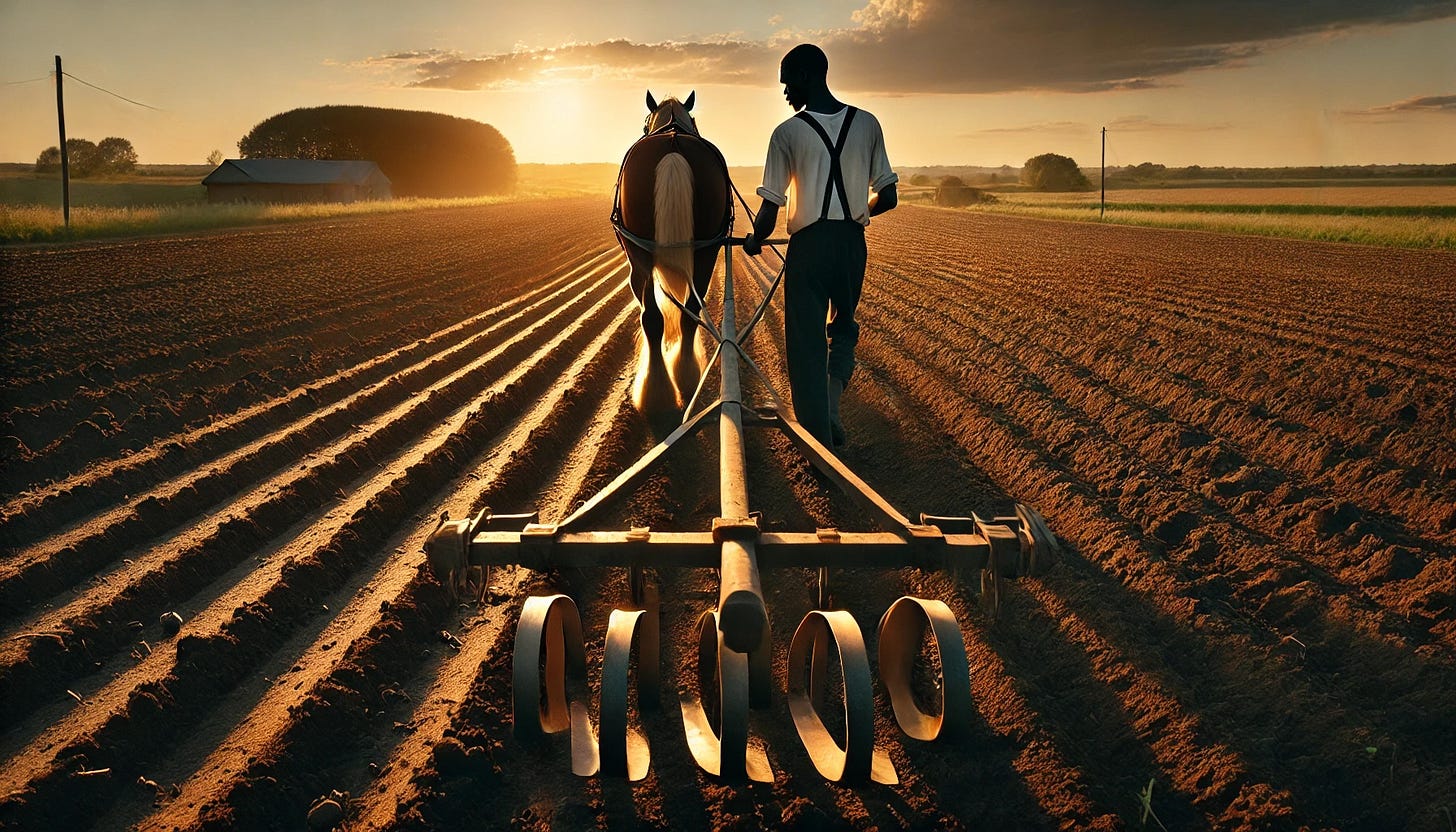 An AI-Generated image of a man working with a one-horse plow at the end of the day.