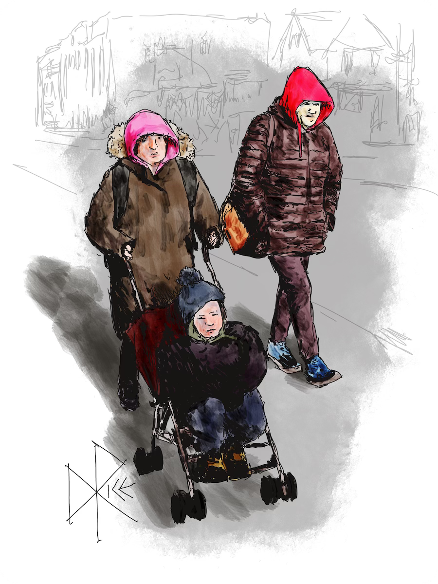 Walking outdoors on a sunny day, a woman pushes a baby in a stroller as a friend walks along beside them. Sketch art by Don Rice.