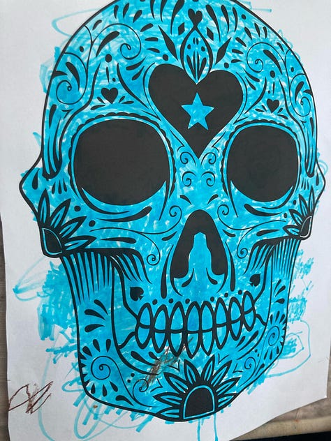 Coloured in Decorative Skulls from a colouring book